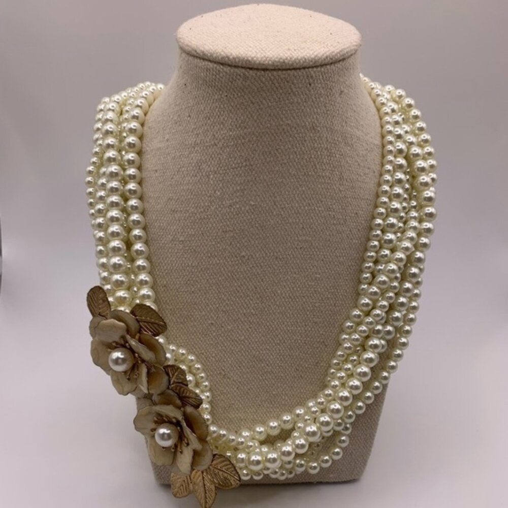 #097 Lovely multi strand faux  pearl and enameled flower necklace 16-18”